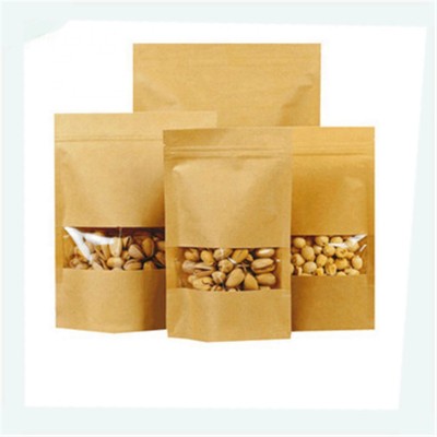 Wholesales biodegradable zipper stand up brown kraft paper zip lock packing food bag with window